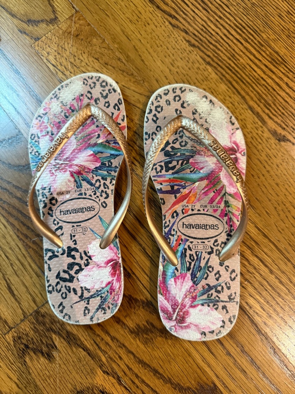 Havaianas Pink Floral & Leopard Print Flip Flops with Metallic Gold Straps